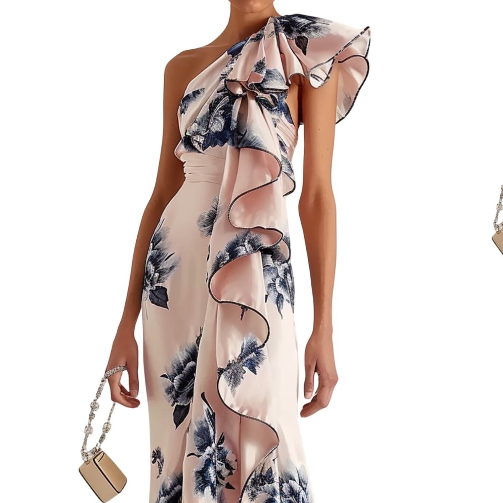 One-Shoulder Pink Floral Maxi Dress with Ruffle Detail